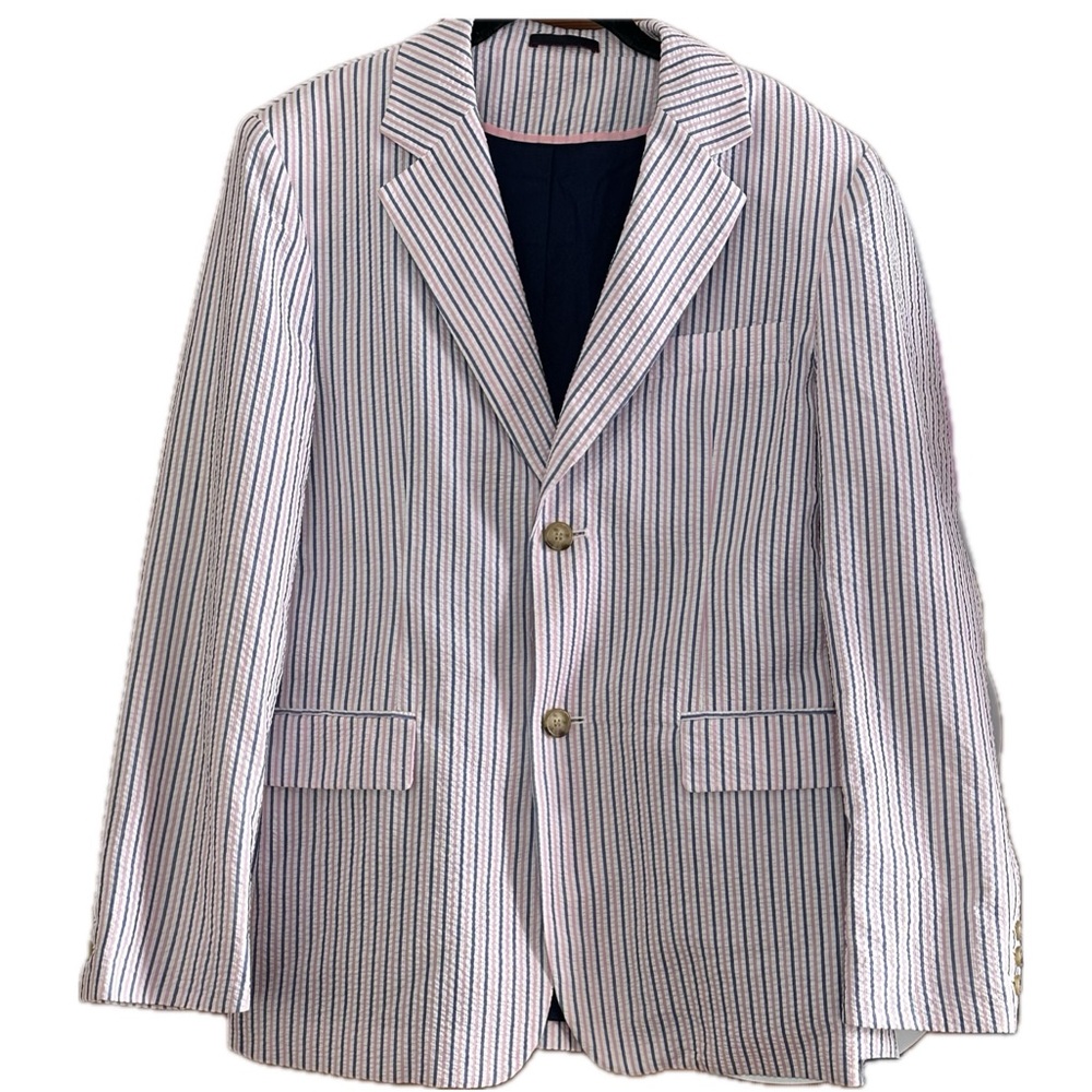 Men's/Unisex Black Rivet Blazer / Pink Blue striped,pockets shoulder pads Large